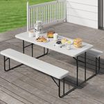 YITAHOME 6FT Large Folding Picnic Table w/Easy Assembly Steel Frame & Wood Like Tabletop, All Weather Folding Picnic Tables with Benches Ideal for Yard Patio Lawn Party, White