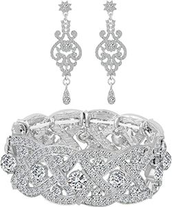 Paxuan Womens Rhinestone Crystal Wedding Bridal Bridesmaid Tennis Bangles Statement Elastic Stretch Bracelets Rhinestone Chandelier Wedding Bridal Drop Dangle Earrings Jewelry Sets, Austrian crystal,