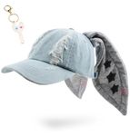 Kpop Y2K Woman's Bunnies Baseball Cap Cute Hip-hop Long Rabbit Ears Hats with Keychain, Blue, 7-7 3/8