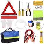 Glarks 13Pcs Car Roadside Emergency Kit with Warning Triangle, Safety Vest, Jumper Cable, Tow Strap, Flashlight, Oil Suction Pipe, Safety Hammer, Insulation Tape for Auto Safety Roadside Assistance