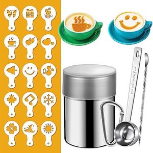 Chocolate Shaker, Cappuccino Shaker, Stainless Steel Cocoa Powder Shaker with 19 Pcs Coffee Stencils & Latte Art Pen & Measuring Spoon Clip for Coffee Cappuccino Hot Chocolate Cake Baking DIY