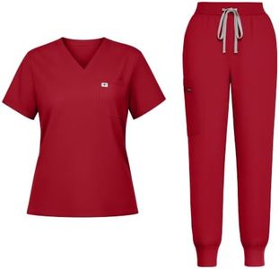 Eadflie Scrubs for Women Medical Scrubs Set - V-Neck Top & Jogger Pants with 5 Pockets, Soft Stretch Woven fabric,Side splits - (Red/XS)