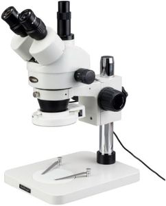 AmScope SM-1TSZZ-144S Professional Trinocular Stereo Zoom Microscope, WH10x and WH20x Eyepieces, 3.5X-180X Magnification, 0.7X-4.5X Zoom Objective, 144-Bulb LED Ring Light, Pillar Stand, 110V-240V, Includes 0.5X and 2.0X Barlow Lenses