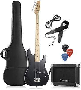 Davison Guitars Full Size Electric Bass Guitar with 15-Watt Amp, Black - 4 String Right Handed Beginner Kit with Gig Bag and Accessories