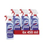 Domestos Power Foam Arctic Fresh Toilet & Bathroom Cleaner Spray sprays upside down & eliminates 99.99% of germs for cleaning inside the toilet & around bathroom 6x 450 ml