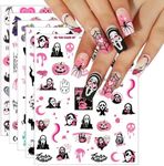 Pink Halloween Nail Stickers, 10 Sheets Self-Adhesive Nail Decal Ghost Skull Spider Witch Nail Art Decoration Design Supplies