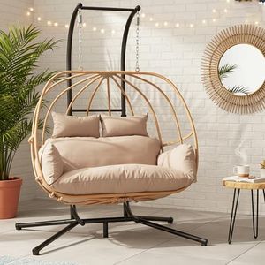 DAYAOUTDOOR Double Egg Chair with Stand, 2-Person Hanging Egg Chairs Outdoor, Oversized Patio Hanging Basket Chair, 600Lbs Sturdy Loveseat Swinging Egg Chair for Bedroom, Patio, Porch, Brown