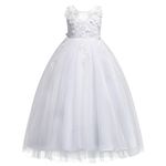 IWEMEK Kids Big Girls Bridesmaid Tulle Lace Dress School Girls Elegant Communion Ball Gown Dance Pageant Birthday Christmas Party Prom Evening Wedding Flower Dress Sleeveless Floor Length White 5-6