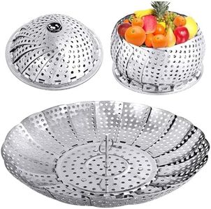 Vegetable Steamer Basket Foldable Stainless Steel Vegetable Steamer Basket for Veggie Seafood Cooking, Expandable Veggie Steamer Basket Fits Various Size Pot-9Inch