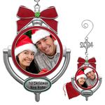 First Christmas in Our New Home Picture Ornament - 2021 Dated Key Charm with a Photo Opening Decorative Door Knocker Style - Red Bow Silver Metal with Decorative S-Hook Ornament Hanger Included