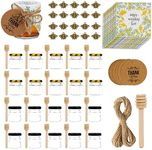 Loyaboho Mini Glass Honey Jars,1.5 oz 20 Pack Honey jar with Wood Dipper, Gold Lids and Black Lids, Bee Pendants, Jutes,Mini jars Perfect for Baby Shower,Wedding Favors, Party Favors