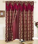 Jacquard Window Luxury Curtains for Living Room and Bedroom 54 W x 84 L Inches - 2 Panel Set with Attached Valance, Backing, 2 Tie Backs - Long Elegant Fancy Design Cortinas Para Sala (Burgundy)