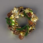 22cm Prelit Wreath Battery Operated - Wooden Twigs Base Decorated with Golden Baubles,Berries,Leaves,Stars,Foliage,Pine Cones, Micro Rice LED Lights - Christmas Home Hanging Decoration