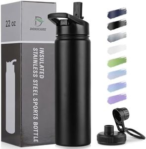 DOMICARE Insulated Water Bottle, 22 oz Vacuum Insulated Stainless Steel Reusable Sports Bottle with Straw Lid & Spout Lid for Travel, Camping, Bike, Leakproof, Black, 1 Pack