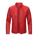 Men's Casual Jacket Stand Collar Soft Warm Bomber Faux Leather Jacket Windbreaker, red, M