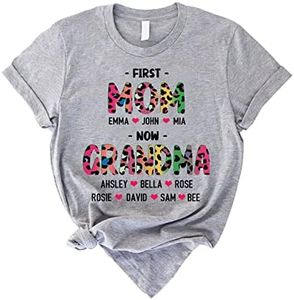 First Mom Now Grandma Leopard T-shirt, Personalized Grandma Shirt with Grandkids Names, Personalized Grandma Shirt, Shirt for Grandma, Custom Grandma with Kid Shirt