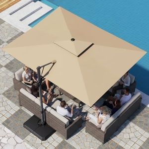 PHI VILLA 9’ x 12’ Cantilever Patio Umbrella with Base, Outdoor Rectangular Heavy Duty Large Umbrella with Hydraulic Lift and 360° Rotation, Beige