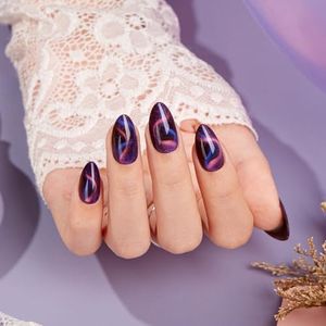 VSALON Press on Nails Short Almond - Dark Purpule Blue Cat Eye Sparkle Ribbon Design Halloween Nails for Women, Reusable Opaque Gel Chrome Glue on Nails with Glue & Cuticle Oil - 32 PCS in 16 Sizes
