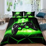 Gamer Bedding Set Boys Teens Gaming Anime Video Game Gamepad Duvet Cover Set Geometric Triangle Comforter Cover Game Controller Quilt Cover Bedroom Collection 3Pcs Double Size,Green