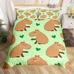 Cartoon Capybara Duvet Cover Set Double Size, Cute Animals Comforter Cover with 2 Pillowcases, Green Hearts Dots Print Bedding Set 3pcs for Kids Boys Girls Room Decor Lightweight Bedspread Cover