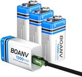 4 Pack 9V Rechargeable Batteries 1300mAh, 9V Rechargeable USB Lithium Long Lasting Battery, with 2 in 1 Charging Cable, for Smoke Detectors, Alarms, Keypad, Microphone