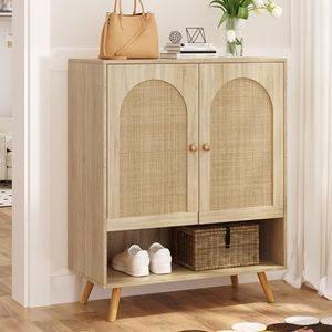 GarveeHome Rattan Shoe Storage Cabinet, Shoe Cabinet with Doors and Adjustable Shelves, Boho Wooden Shoe Organizer for Entryway, Hallway, Living Room, Light Oak