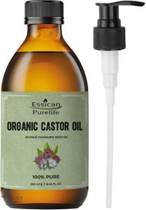 Essican Purelife Organic Castor Oil 250ml – Cold Pressed, Hexane Free, Glass Pump Bottle for Hair, Skin & Eyelash Growth