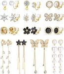 Kakonia 13 Pairs Clip On Earrings for Women and Girls Gold/Silver Non Pierced Drop Earrings CZ Simulated Pearl Butterfly Flower Star Twist Knot Hypoallergenic Clip Earrings Set