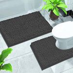 GVTECH Bath Mat Set 2 Pieces, Chenille Non-Slip Back 50x80 cm Bathroom Mat & 50x60 cm U Shape Toilet Rug Fleece Softness, Bathroom Carpet, Super Soft Microfiber Bath Rug, Easy to Clean Mat (Grey)