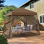 EAGLE PEAK 10x10 Slant Leg Easy Setup Pop Up Canopy Tent with Mosquito Netting 64 sqft of Shade, Brown