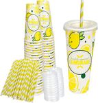 150 Pieces / 50 Sets 20 Oz Lemonade Cups with Lids and Paper Straws - Set of 50 - Lemonade Stand Supplies For Kids and Adults