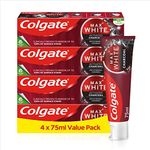 Colgate Max White Charcoal Toothpaste, Activated Charcoal Toothpaste, Clinically Proven to Remove up to 100 Percent Surface Stains*, Toothpaste Multipack, 4 Pack, 75ml Tubes