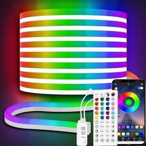 ShineBurky Striscia LED RGB al Neon 5M 12V con App Controller Bluetooth Telecomando IR a 44-Tasti, Funzione Musicale, IP65 Impermeabile Luci LED per Camera da Letto Decorare Festa (Senza Alimentatore)