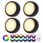 Cadrim Puck Lights, 4 Pack 13 Colors Changeable LED Puck lightings Battery Powered Dimmable Under Cabinet Lights, Battery Powered Under Counter Lights with 1 Wireless Remote Controls, Black