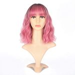 VCKOVCKO Ombre Color Natural Wavy Bob Wig With Air Bangs Short Bob Wigs Women's Shoulder Length Wigs Black to Pink Purple Curly Wavy Synthetic Cosplay for Girl Colorful Wigs(12",Black to Pink Purple)