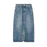 Summer Casual Front Slit Long Jean Skirt Women Denim Skirt Midi Loose A-line High Waist Streetwear (Color : Blue, Size : Medium)