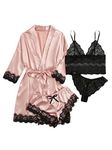 SOLY HUX Women's Sleepwear 4pcs Floral Lace Trim Satin Cami Pajama Set with Robe Pink XL