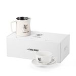 MHW-3BOMBER Milk Frothing Pitcher Set 20oz/600ML Latte Art Pitcher & 9.5oz/280ML Ceramic Latte Cup,Barista Pitcher Set，2023 WLAC World Championship Commemorative Edition，White CS5666W