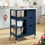 YITAHOME Small Solid Wood Top Kitchen Island Cart on Wheels with Storage, Rolling Portable Dining Room Serving Utility Carts Mobile Movable with 3 Drawers Cabinet, Navy Blue