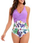 One Piece Bathing Suit for Women Tummy Control Criss Cross Back Swimwear V Neck Swimsuit Purple Print 10-12