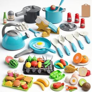 Zero Zoo 105Pcs Kids Kitchen Toy Accessories, Toddler Pretend BBQ Camping Cooking Playset, Play Pots, Pans, Utensils Cookware Toys, Play Food Set, Vegetables, Learning Gift for Girls Boys (Turquoise)