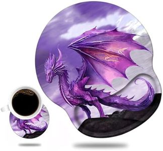 Ergonomic Mouse Pad Wrist Support and Cute Coffee Coaster, Non Slip PU Base Mouse Pad Wrist Rest for Computer, Office Gaming, Working, Easy Typing & Pain Relief, Purple Dragon