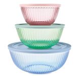 Pyrex Colors (3-Pack, Full Set) Sculpted Tinted Glass Mixing Bowls with Lids, Nesting Space Saving Set of Bowls for Prepping and Baking, 1.3QT, 2.3QT & 4.5Q, (Pink, Green, Blue)