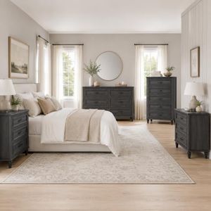 Fatmok 4-Piece Dresser Bedroom Set, 6-Drawer Dresser & 3-Drawer Nightstands Set, Tall 5-Drawer Dresser with Classic Framed Panel Design for Bedroom, Black Grey