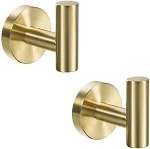 YGIVO 2 Pack Towel Hooks, Brushed Gold SUS304 Stainless Steel Coat Robe Clothes Hook Modern Wall Hook Holder for Bathroom Kitchen Garage Hotel Wall Mounted