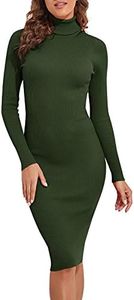PrettyGuide Women Slim Fit Ribbed Turtleneck Long Sleeve Midi Knit Sweater Dress Army Green XS