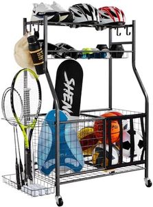 VEVOR Sports Equipment Garage Organizer, Rolling Ball Storage Cart on Wheels, Basketball Rack with Baskets & Hooks, Indoor/Outdoor Sports Gear and Toys Storage, Steel Sports Equipment Organizer, Black