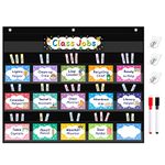 ANSTROUT 16 Pockets Class Jobs Chart with 70 Colorful Dry Erase Cards and 3 Hooks,Class Management Educational Pocket Chart Teacher's Helper Size: 24.5”x21.8”inch Bulletin Board for Classroom (Black)