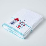 HOMESCAPES Beach Hut Embroidered Bath Towel Blue, Red & White Seaside Patterned Large Towel 100% Cotton 550 GSM Super Absorbent Fluffy Holiday Beach Towel for Pool or Gym