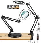 Magnifying Glass with Light and Stand, Real Glass Lens LED Desk Lamp, 3 Color Modes Stepless Dimmable Magnifying Lamp & Clamp, Adjustable Swing Arm Lighted Magnifier for Reading Crafts Repair